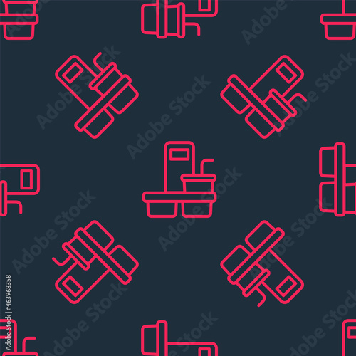Red line Coffee cup to go icon isolated seamless pattern on black background. Vector