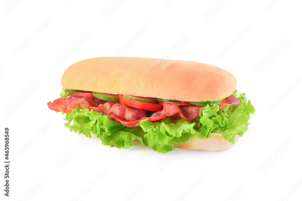 Bread, bacon, tomato, cucumber, lettuce isolated on white background. Bread, bacon, tomato, cucumber, lettuce isolated on white background.