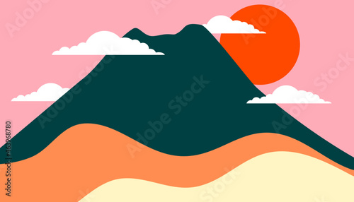Green mountains. Pink sky with clouds and sun. Digital art painting. Vector illustration.