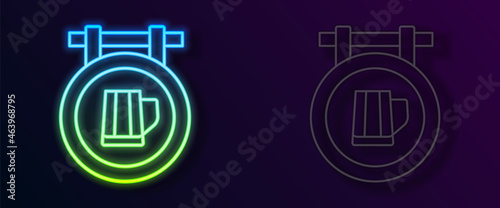 Glowing neon line Street signboard with glass of beer icon isolated on black background. Suitable for advertisements bar, cafe, pub, restaurant. Vector