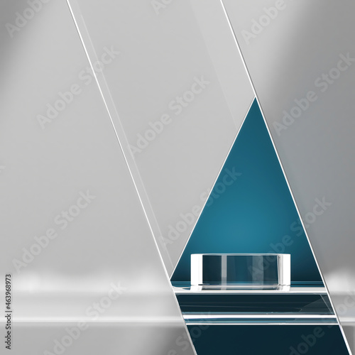 Glass podium on blue background, abstract background for product presentation. 3d rendering