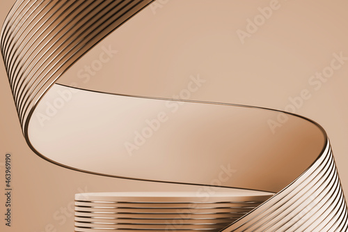 Beige podium on abstract soft background, beige ribbon and gold line texture bending around podium. minimal background for product presentation. 3d rendering