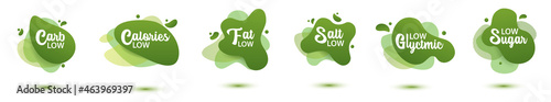 Sticker low badge. Set, green amoeba design of sticker for diet menu, poster, flyer, food packaging. photo