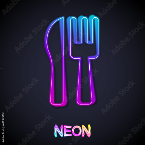 Glowing neon line Crossed knife and fork icon isolated on black background. Cutlery symbol. Vector