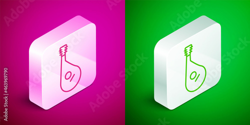 Isometric line Ukrainian traditional musical instrument bandura icon isolated on pink and green background. Silver square button. Vector