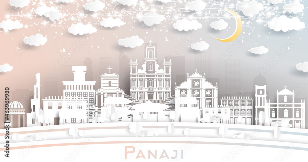 Panaji India City Skyline in Paper Cut Style with White Buildings, Moon and Neon Garland.
