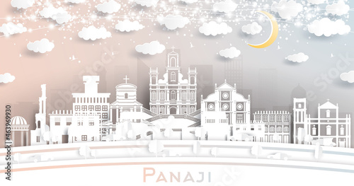 Panaji India City Skyline in Paper Cut Style with White Buildings, Moon and Neon Garland.