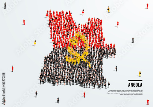 Angola Map and Flag. A large group of people in the Angola flag color form to create the map. Vector Illustration.