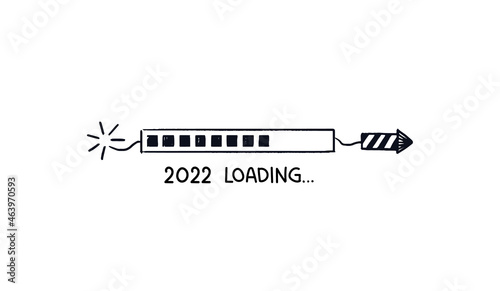 2022 rocket loading bar. Doodle download bar painted striped firecracker with pointed tip. Vector Hand-drawn sketch with quote from below isolated on white background.