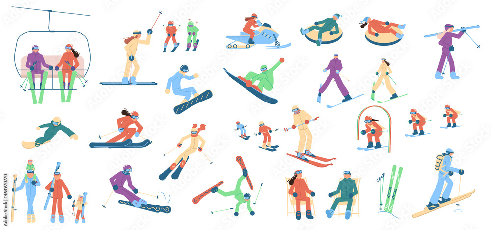 Adult and child skiers, snowboarders and tubing people - obrazy, fototapety, plakaty 
