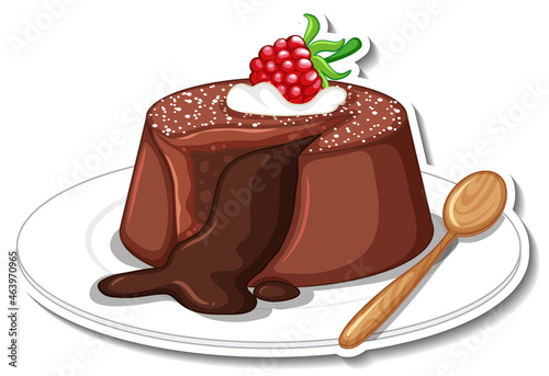 Chocolate lava cake with raspberry sticker isolated on white background