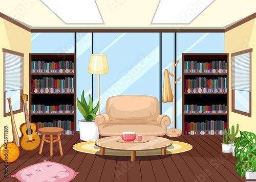 Empty library interior design with bookshelves