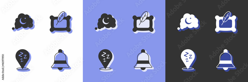 Set Ringing bell, Dreams, Sleepy and Pillow icon. Vector Set Ringing bell, Dreams, Sleepy and Pillow icon. Vector