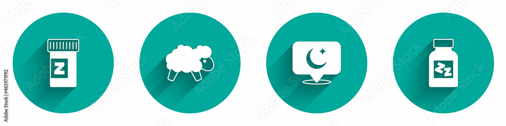 Set Sleeping pill, Sheep, Moon and stars and icon with long shadow. Vector Set Sleeping pill, Sheep, Moon and stars and icon with long shadow. Vector