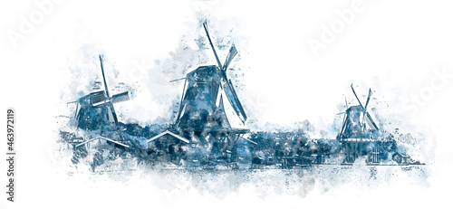 Art of windmills in the style of the popular Delft blue painting. Popular painting of Holland. Art image on a white background. Holland, Europe.