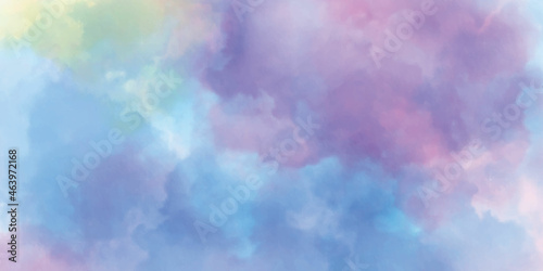 Abstract heavenly watercolor background in blue, purple and pink colors. Copy space, horizontal banner.
