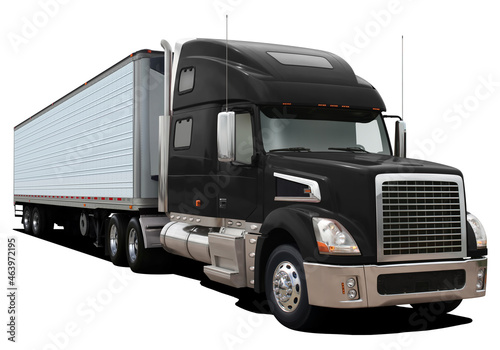 Modern truck with a semi-trailer and a black cab. Front side view isolated on white background.