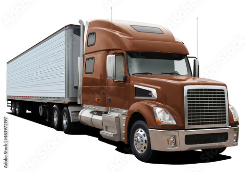 A modern American truck with a semi-trailer and a brown cab. Front side view isolated on white background.