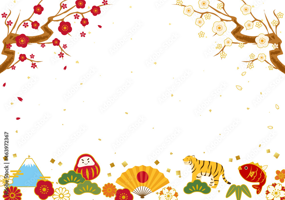 お正月の縁起物と寅と梅の和風なベクターイラスト背景 Stock Vector Adobe Stock