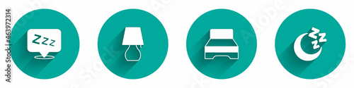 Set Sleepy, Table lamp, Big bed and Moon and stars icon with long shadow. Vector
