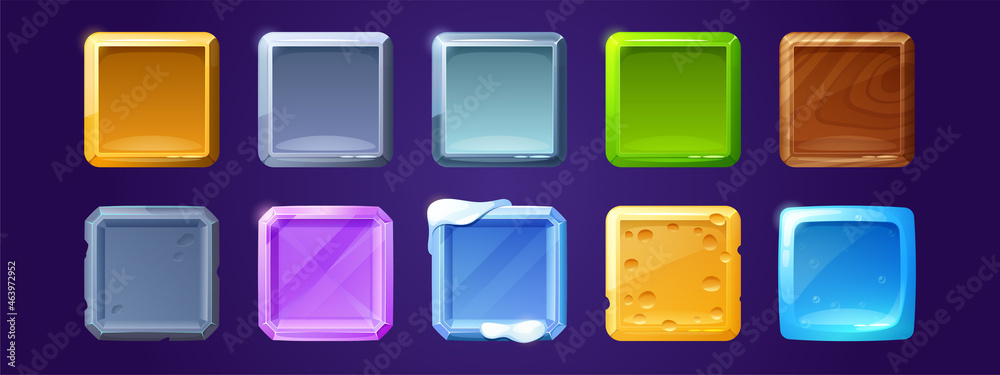 Game ui app icons, square buttons, cartoon menu interface textured blocks. Gui graphic design elements ice crystal, wooden, stone, metal and cheese with pink gemstone user panel isolated 2d vector set Game ui app icons, square buttons, cartoon menu interface textured blocks. Gui graphic design elements ice crystal, wooden, stone, metal and cheese with pink gemstone user panel isolated 2d vector set