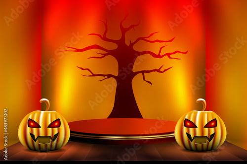 happy halloween with podium stage, scary pumpkin and tree on 3d illustration
