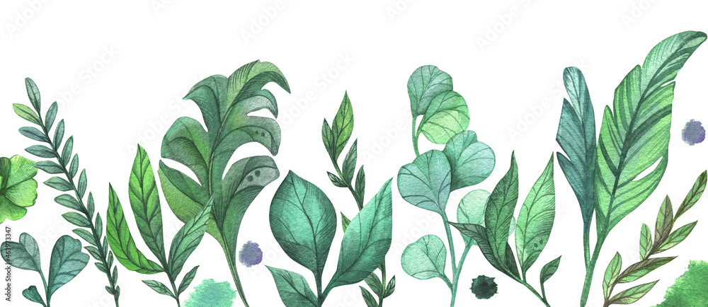 Obraz A hand drawn botanical illustration with plants and leaves. Watercolor picture with bright colors is perfect for cards, posters, graphic design.