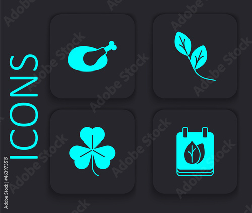 Set Calendar with autumn leaves, Roasted turkey or chicken, Leaf and Clover icon. Black square button. Vector photo