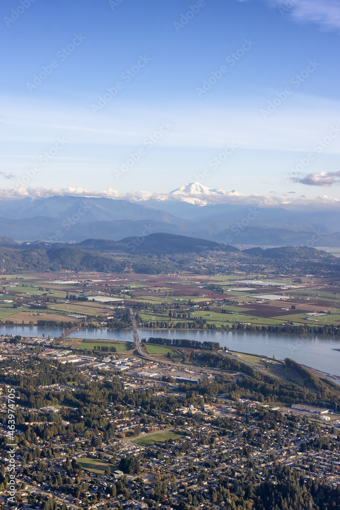 Aerial View of Mission City, Fraser River and Mnt Baker in background. Located East of Vancouver, British Columbia, Canada.