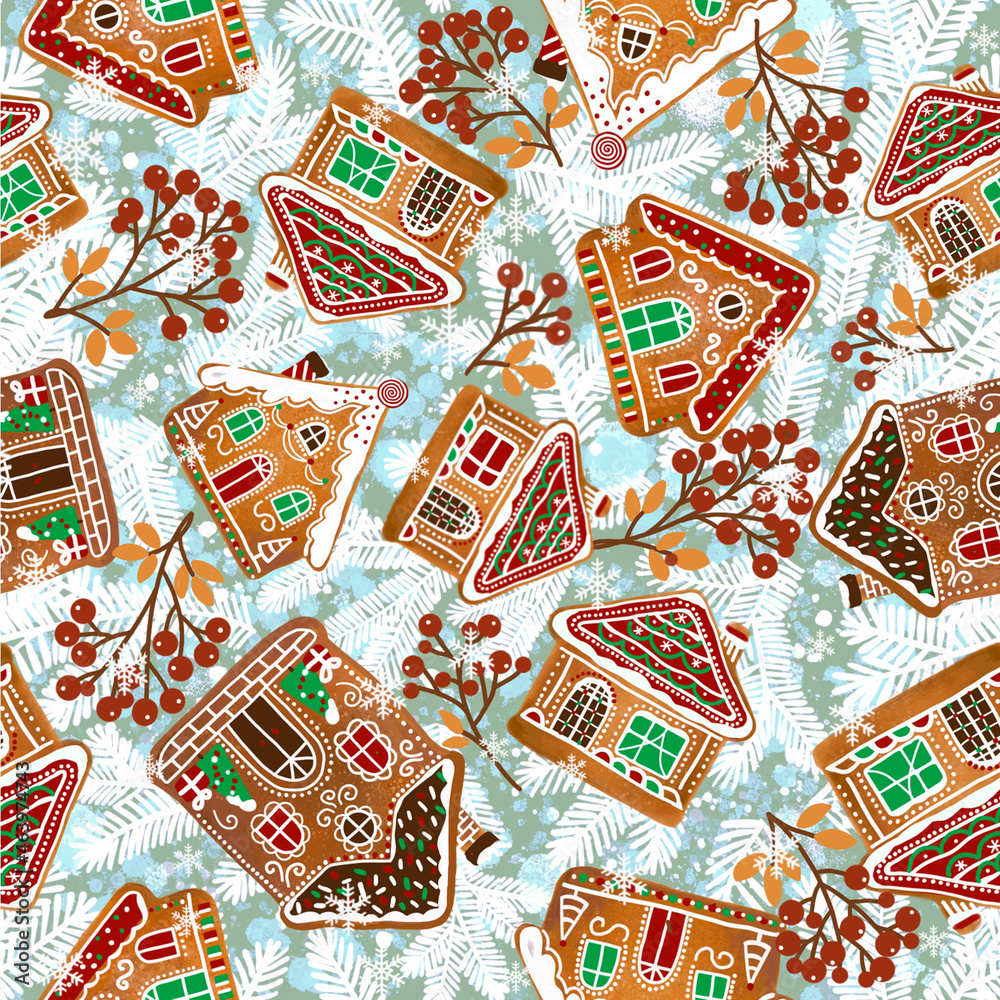 Winter background with Christmas gingerbread houses and berry twigs, snowflakes on a light background