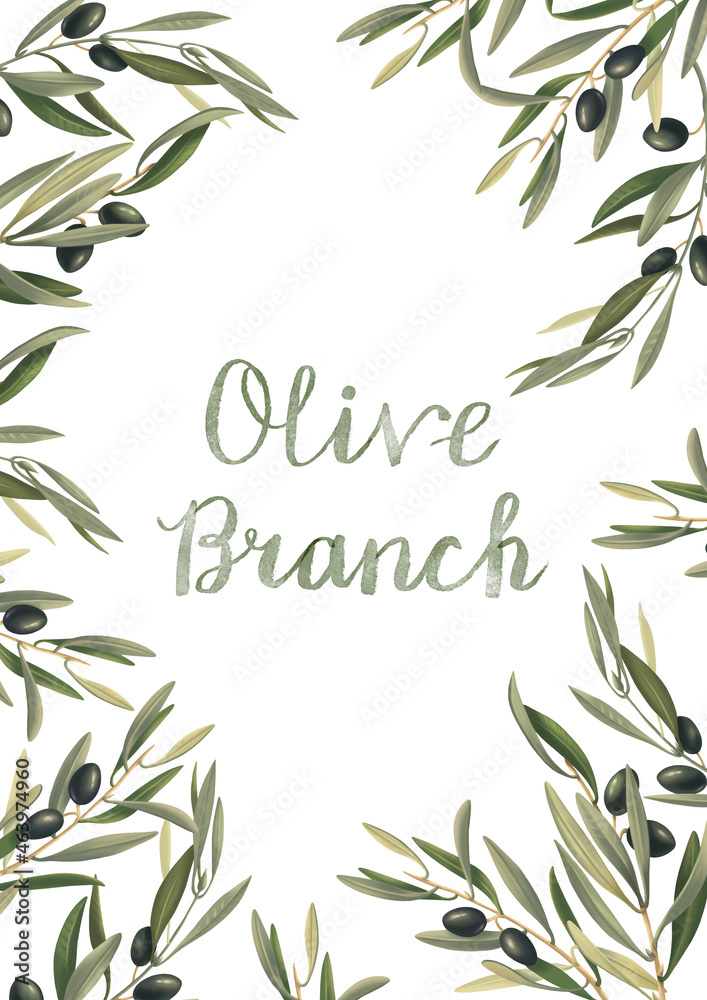 Olive decorative illustration. The green leaves create a botanical frame for the invitations, postcards, social media posts.
