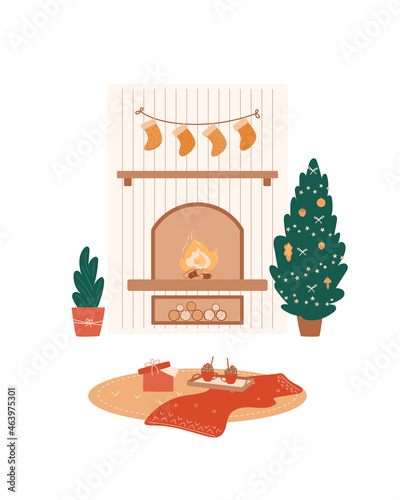 Christmas scene with fireplace, tree, socks, carpet with hot chocolate drinks, open gift box, red blanket. Winter cozy home. Vector illustration, greeting card, banner. Decorated interior.