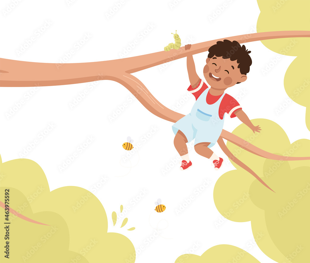 Happy Boy Hanging on Tree Branch Having Fun Enjoying Summer Vector Illustration Happy Boy Hanging on Tree Branch Having Fun Enjoying Summer Vector Illustration