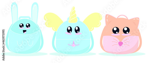 childrens funny backpacks in the form of a unicorn with wings, a bunny with ears and a chanterelle, vector element in flat style