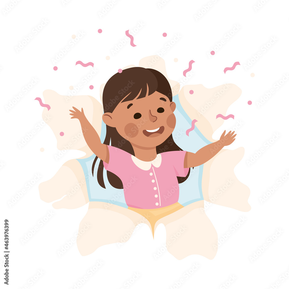 Cheerful Girl Looking Through Torn Paper Hole with Confetti Explosion and Waving Hand Vector Illustration
