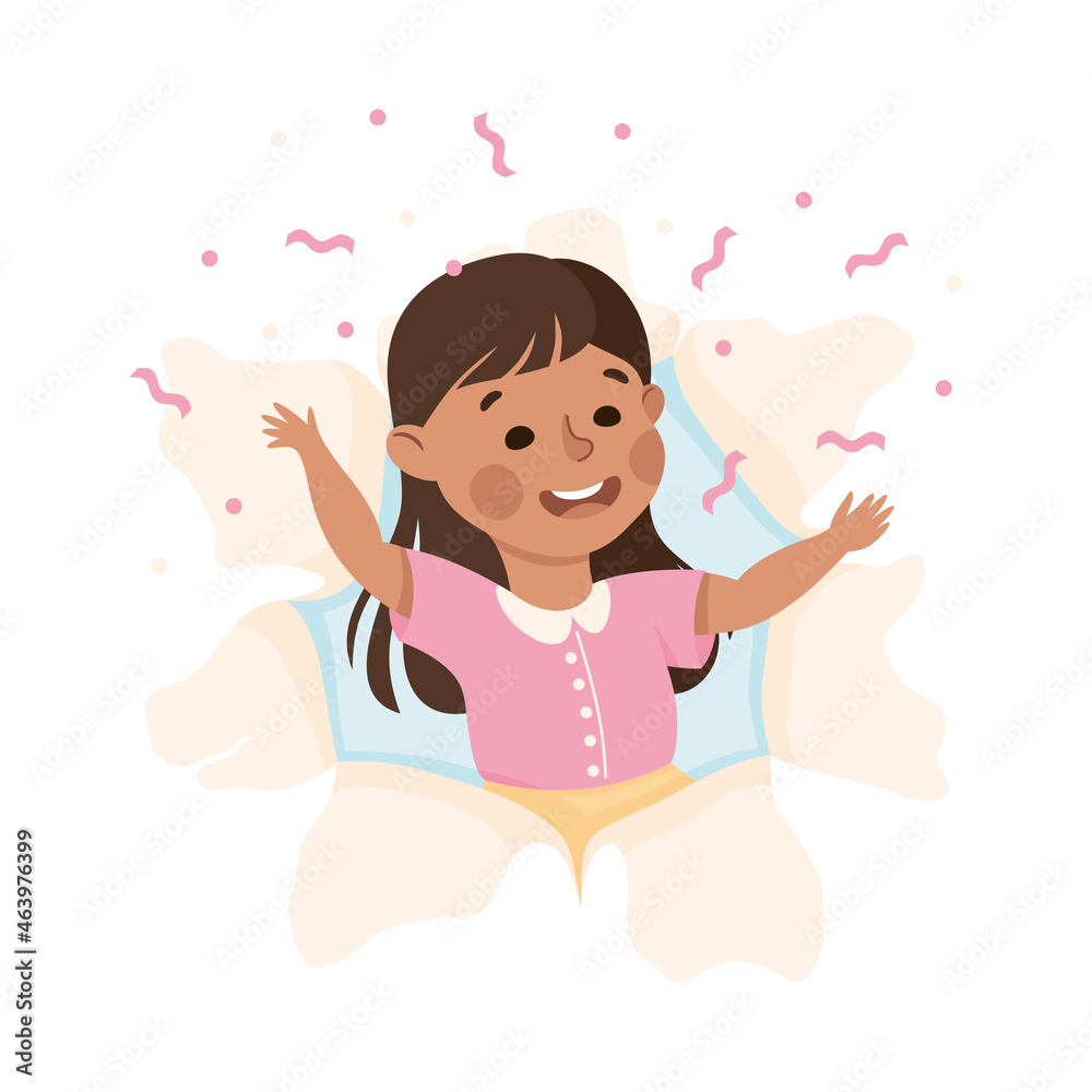 Cheerful Girl Looking Through Torn Paper Hole with Confetti Explosion and Waving Hand Vector Illustration Cheerful Girl Looking Through Torn Paper Hole with Confetti Explosion and Waving Hand Vector Illustration