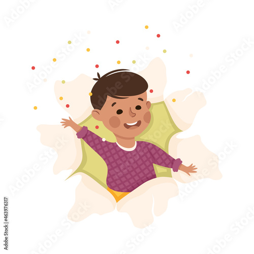 Cheerful Boy Looking Through Torn Paper Hole with Confetti Explosion Vector Illustration
