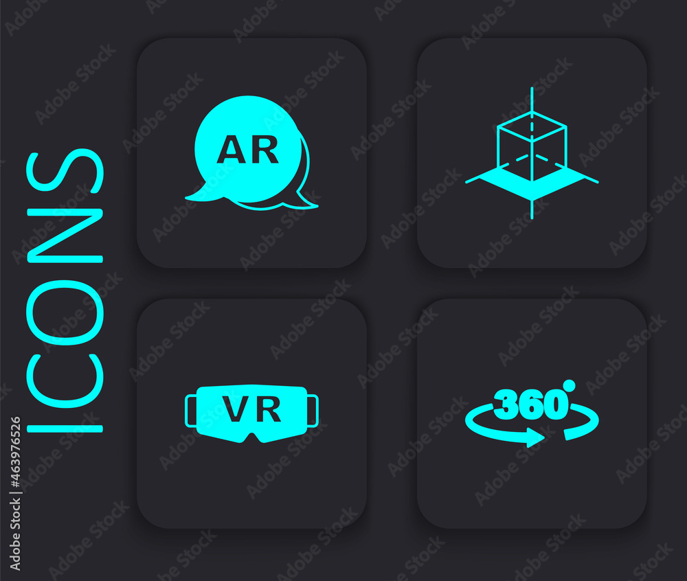 Set 360 degree view, Augmented reality AR, 3d modeling and Virtual glasses icon. Black square button. Vector Set 360 degree view, Augmented reality AR, 3d modeling and Virtual glasses icon. Black square button. Vector