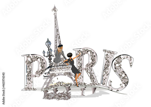 Design  with lettering and the Eiffel tower, fashion girls, diamonds in romantic Paris. Hand drawn vector illustration.