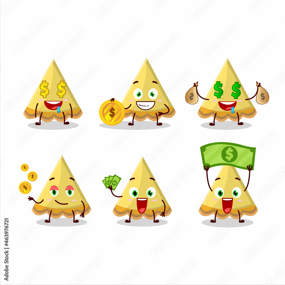 Slice of lemon tart cartoon character with cute emoticon bring money Slice of lemon tart cartoon character with cute emoticon bring money