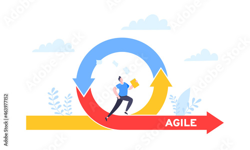 Agile development methodology business concept flat style design vector illustration isolated on white background. Agile life cycle for software development diagram. Business person run into project.