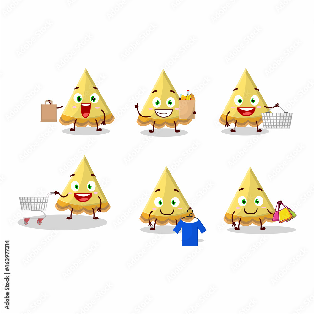A Rich slice of lemon tart mascot design style going shopping A Rich slice of lemon tart mascot design style going shopping