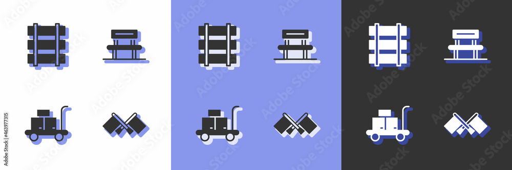 Set Flag, Railway, railroad track, Trolley suitcase and Waiting hall icon. Vector Set Flag, Railway, railroad track, Trolley suitcase and Waiting hall icon. Vector