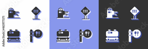 Set Cafe and restaurant location, Turnstile, Oil railway cistern and Railroad crossing icon. Vector