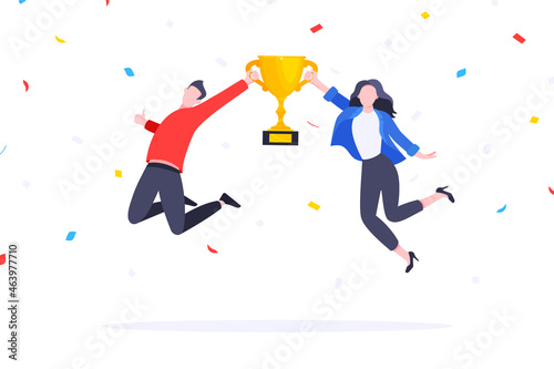 Happy business employee team winners award ceremony flat style design vector illustration. Employee recognition and best worker competition award team celebrating victory winner business concept.