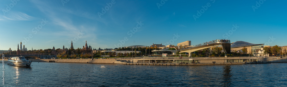 Panoramic view of Zaryadye Park, the Kremlin and the Soaring Bridge from the Moskva River embankment