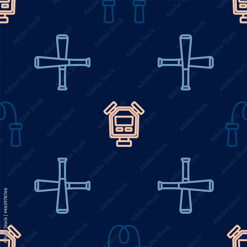 Set line Jump rope, Crossed baseball bat and Stopwatch on seamless pattern. Vector