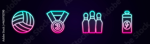 Set line Volleyball ball, Medal, Bowling pin and Fitness shaker. Glowing neon icon. Vector