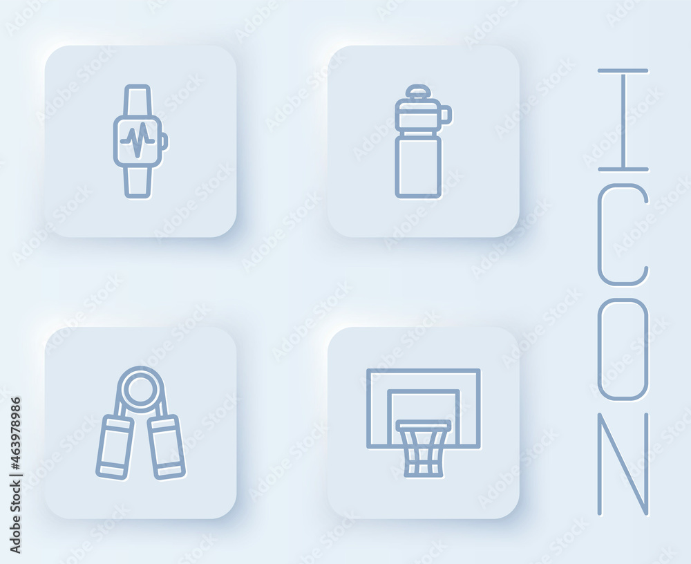 Set line Smart watch with heart, Fitness shaker, Sport expander and Basketball backboard. White square button. Vector Set line Smart watch with heart, Fitness shaker, Sport expander and Basketball backboard. White square button. Vector