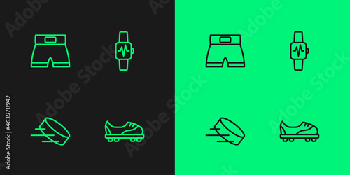 Set line Football shoes, Hockey puck, Boxing short and Smart watch with heart icon. Vector